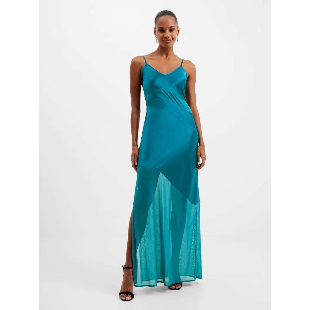 French Connection Inu Satin Mesh Maxi Slip Dress Ocean Depths Teal V-Neck XS
